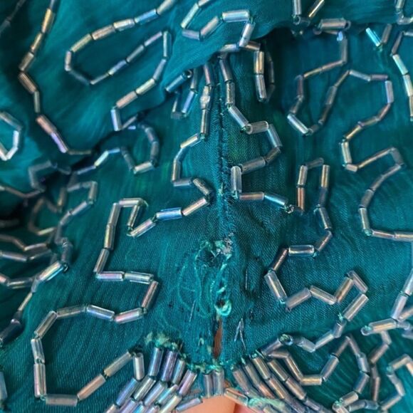 Vintage 100% Silk Peacock Teal Beaded Cocktail Dress - Picture 13 of 13